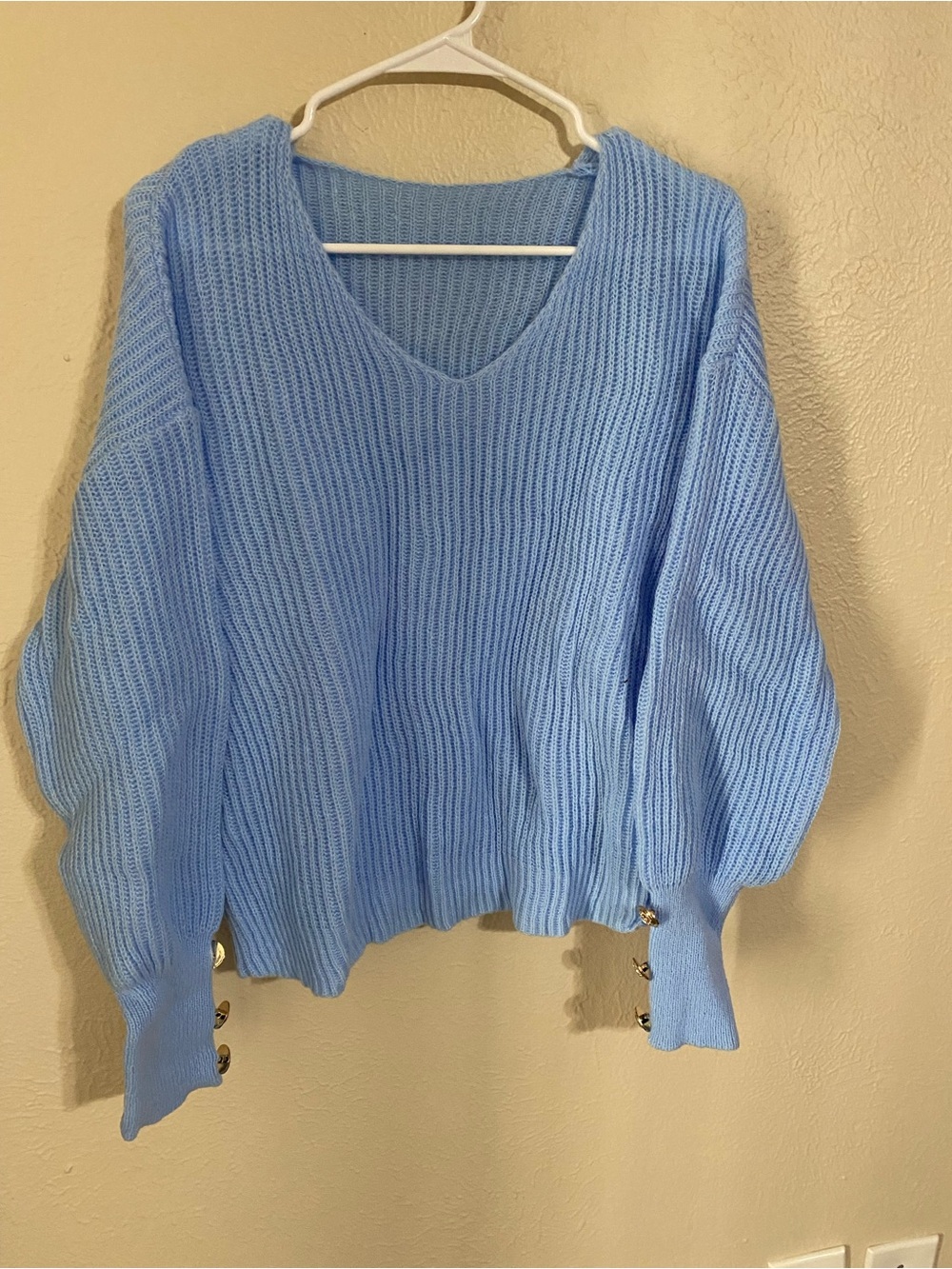 Light Blue V-Neck Button Cuff Sweater - Women